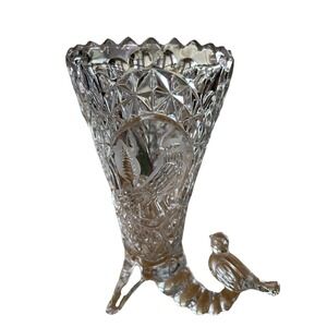 Vtg Hofbauer Byrdes W. Germany‎ 24% Lead Crystal Cornucopia Etched Bird Vase